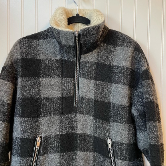 Isabel Marant Gilas Black Grey Plaid Zip Pullover 34 Wool Coat Buffalo Check - Picture 4 of 8